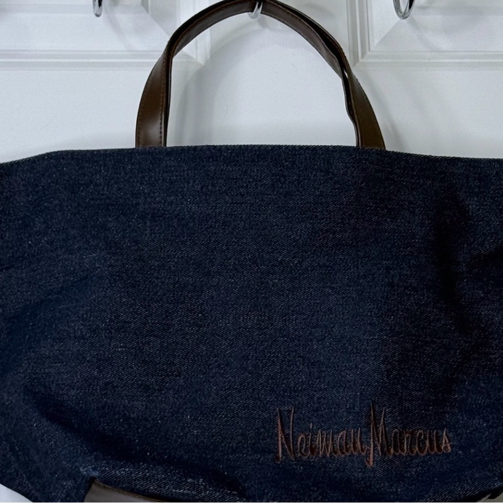 Neiman Marcus Denim Rectangular Navy Blue Tote Bag Double Faux Leather Straps